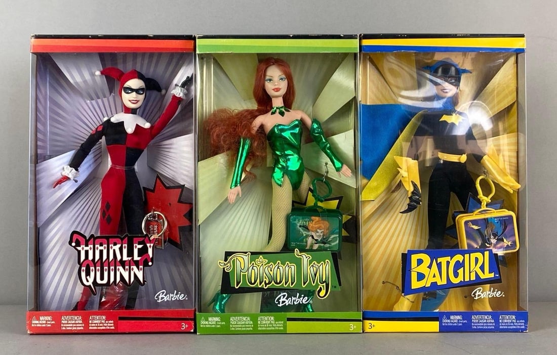Group of 3 2004 Mattel Barbie DC Comics Fashion Doll: sealed, includes Harley Quinn, Poison Ivy and Batgirl, each measures 11 1/2” H