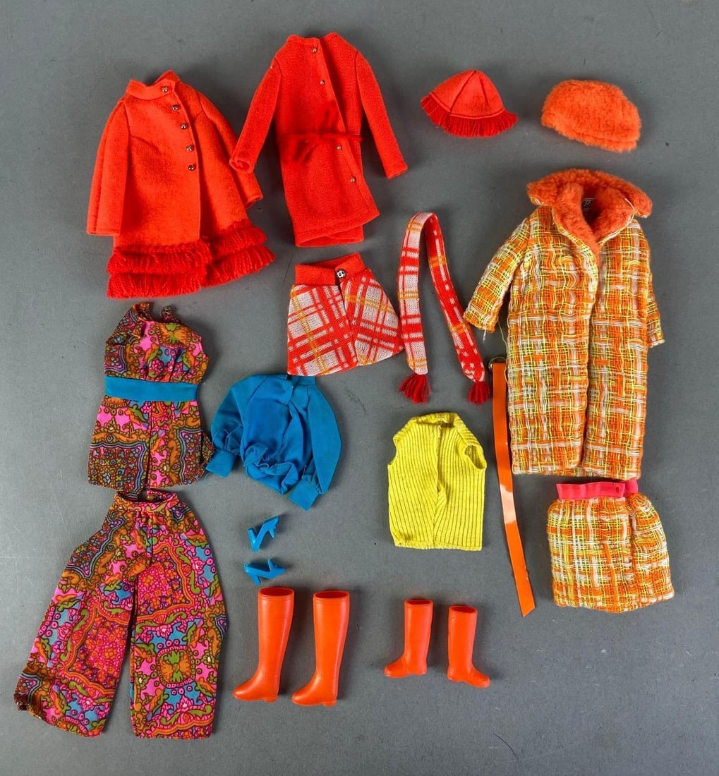 Group of Mattel Barbie Outfits and Accessories: Inclufrs coats, boots, vest and more