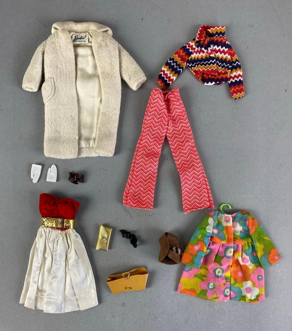 Group of Mattel Barbie Outfits and Accessories: Includes silken flame outfit, shoes, fur coat and more