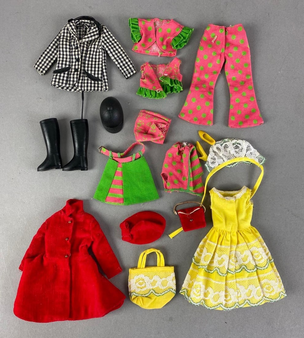 Group of Mattel Barbie Outfits and Accessories: Includes jockey outfit, sundress, polka dot outfit and more