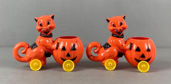 Group of 2 Vintage Halloween Cat and Pumpkin Candy Containers