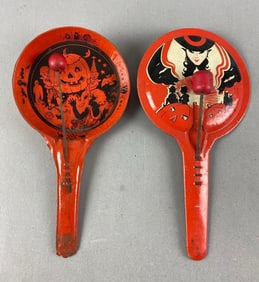 Group of 2 Vintage Halloween Pressed Steel Noisemakers
