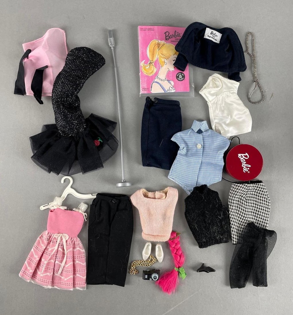 Group of Mattel Barbie Fashion Doll Clothing: Includes reproductions, dresses, accessories