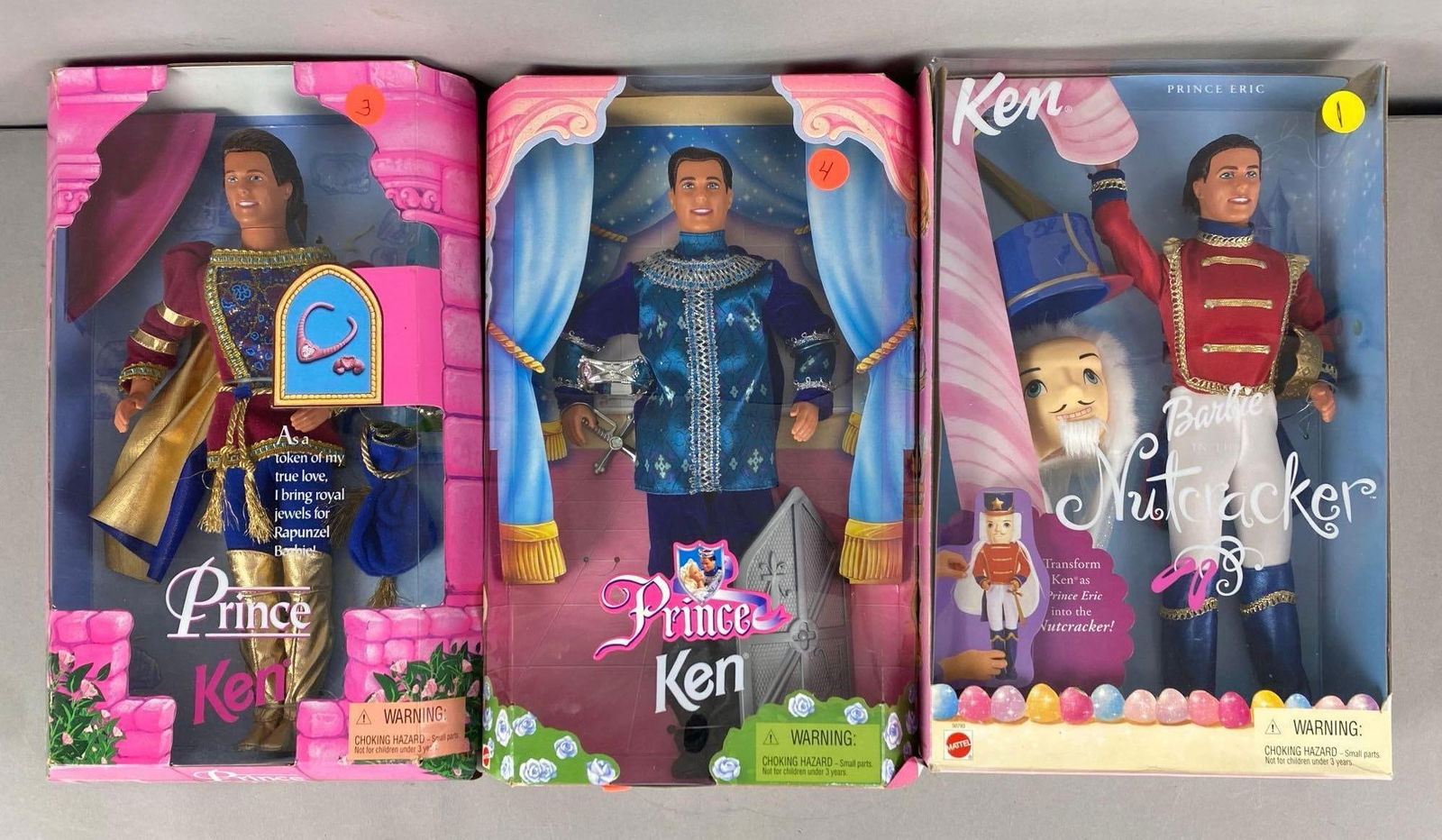 Group of 3 Mattel Ken Fashion Dolls: Includes Prince Ken and Nutcracker, like new in boxes