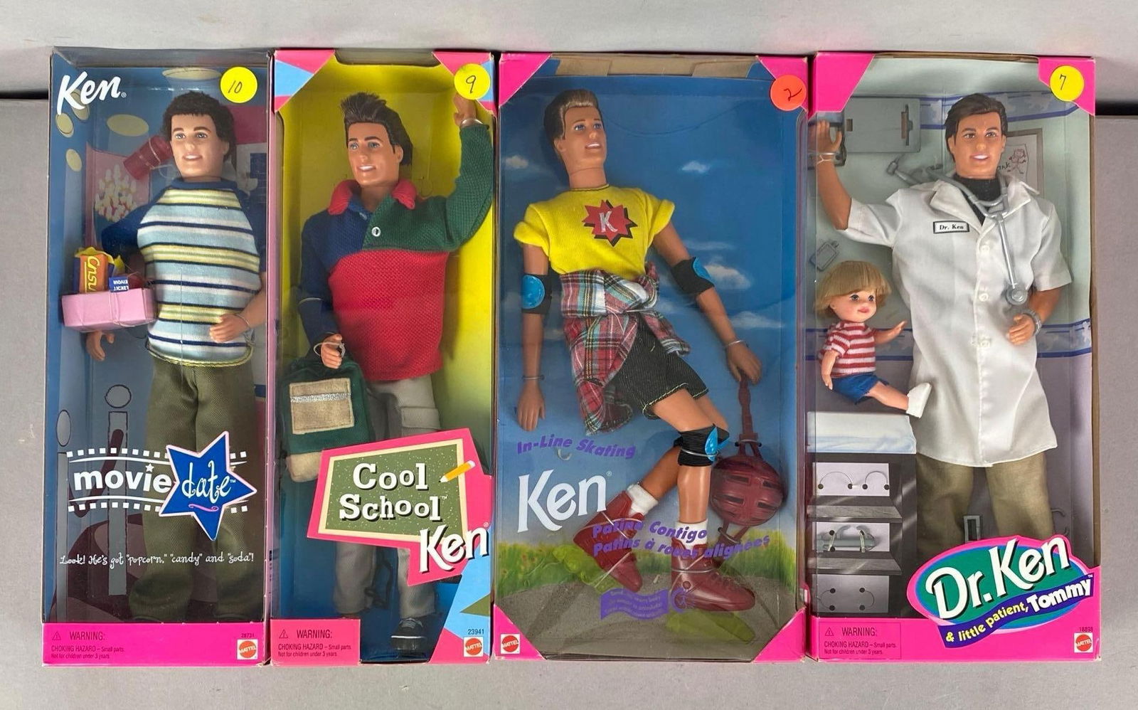 Group of 4 Mattel Ken Fashion Dolls: Includes cool school, movie and more, like new in original boxes