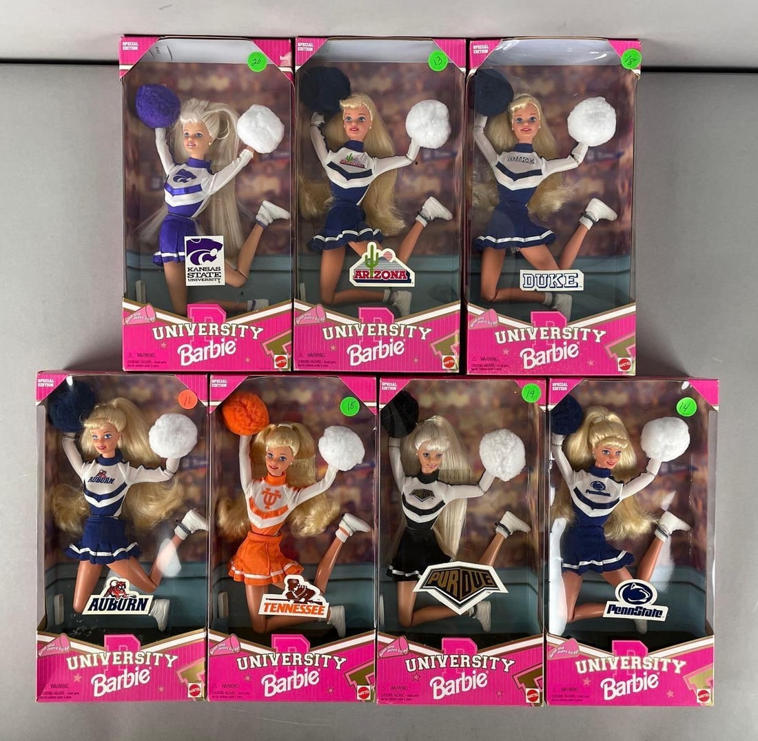 Group of 7 Mattel University Barbie Fashion Dolls: Includes Duke, Kansas State, Auburn and more, like new in boxes