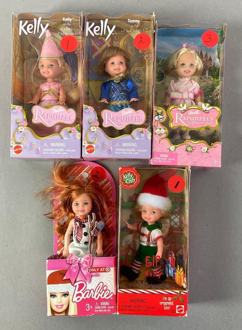 Group of Mattel Fashion Dolls: like new in boxes, inclufrs Kelly rapunzel barbie and more, each doll measures 4” H