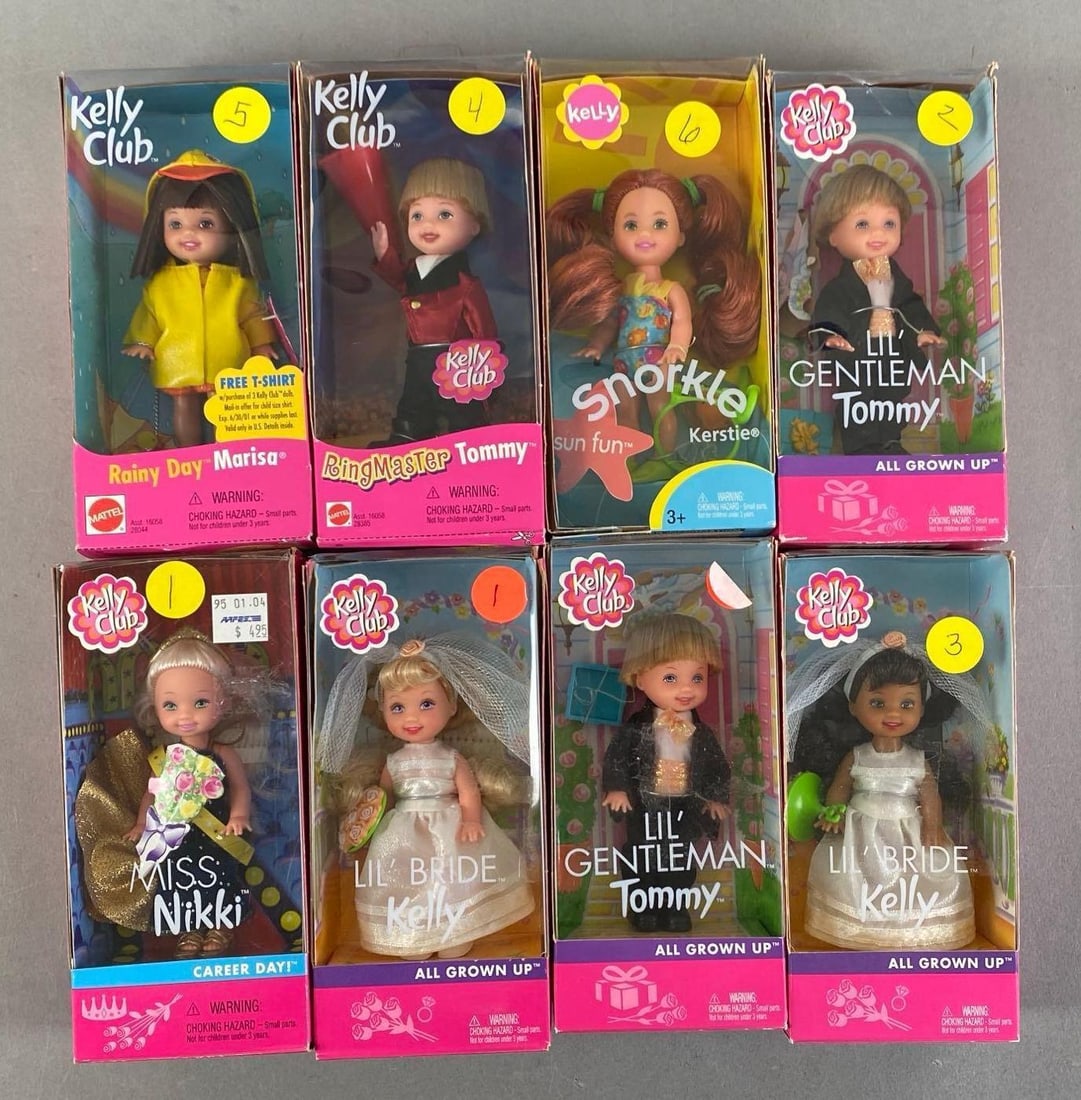 Group of Mattel Kelly Fashion Dolls: like new in packaging, each doll measures 4” H