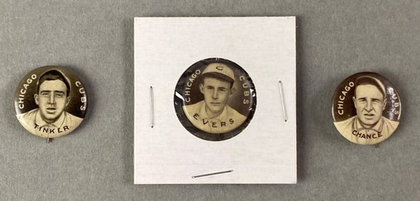 1910 - 12 Sweet Caporal Pins of Tinker, Evers, and Chance - Chicago Cubs HOFs