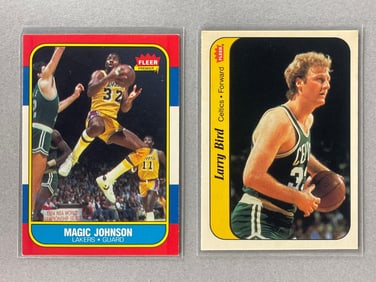 1986 Fleer Magic Johnson #53 and 1986 Fleer Sticker Larry Bird #2