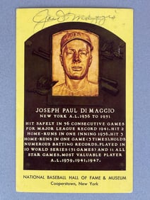 Jpe DiMaggio Sgned Yellow Hall of Fame Plaque Postcard with JSA LOA