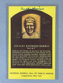 Rare Bucky Harris Signed Yellow Hall of Fame Plaque Postcard