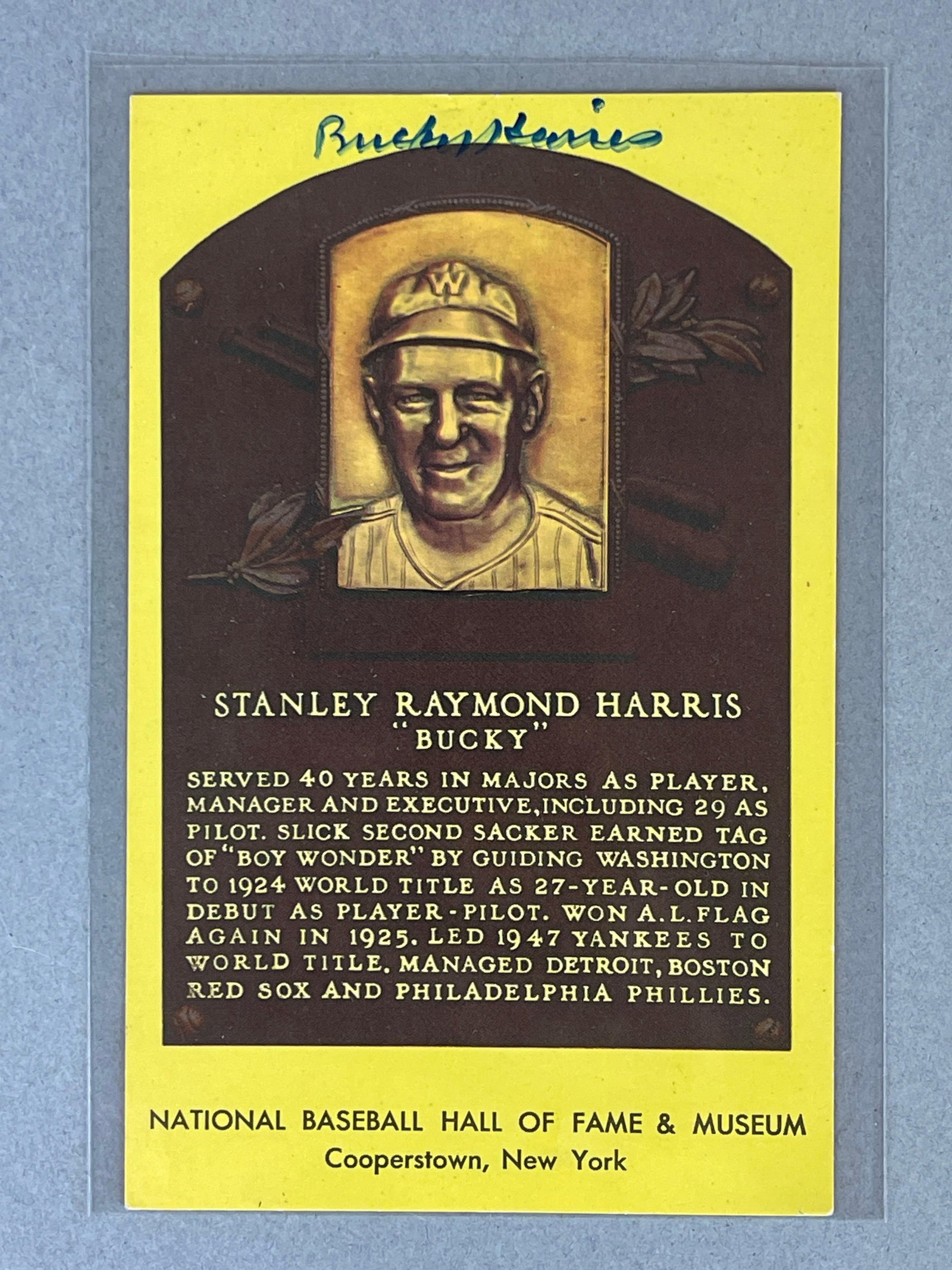 Rare Bucky Harris Signed Yellow Hall of Fame Plaque Postcard: Autographed Bucky Harris