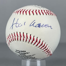 Hank Aaron Signed Mickey Mantle Stat Ball with JSA LOA