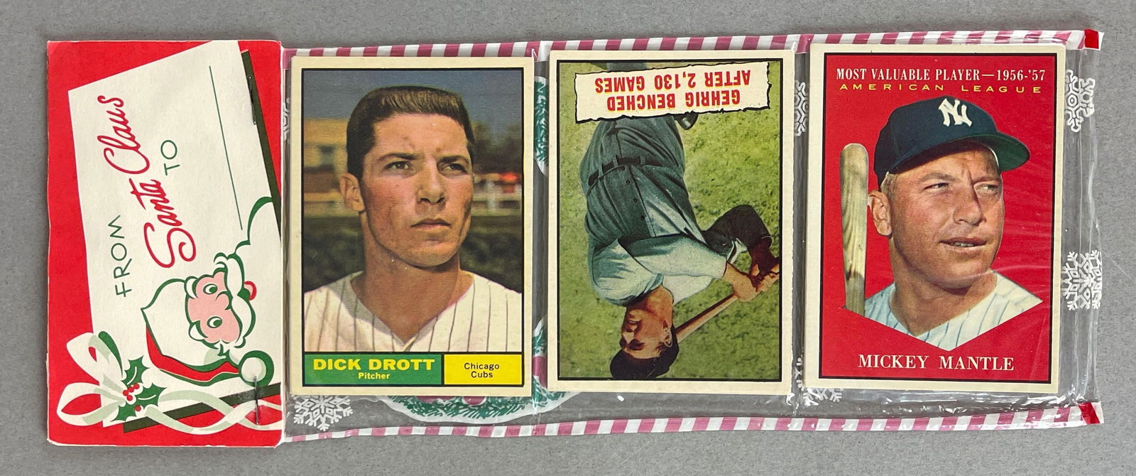 Rare 1961 Topps Baseball Christmas Rack Pack with Mickey Mantle MVP and Lou Gehrig Benched on Top (1 of 2)