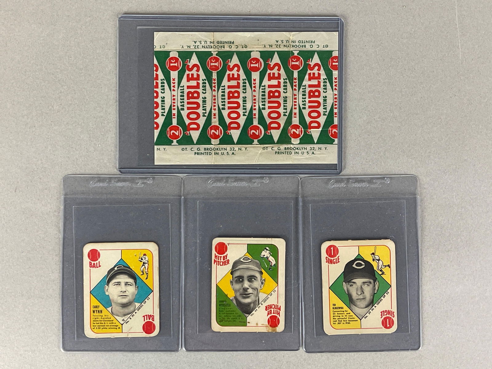 1951 Topps Baseball Wrapper + Early Wynn and Ted Kluszewski: Topps Doubles 1 Cent Wrapper, Kluszewski Red back EX, Wynn Red back VG, Johnny Wyrostek Blue back VG ST