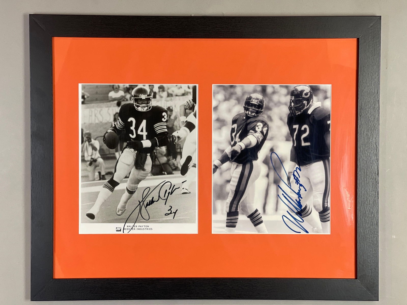 Framed Chicago Bears Walter Payton and William Perry Signed Photos: 2 - 8x10 Photos Autographed Walter Payton #34, William Perry #72, Frame Measures 22 x 18 Inches