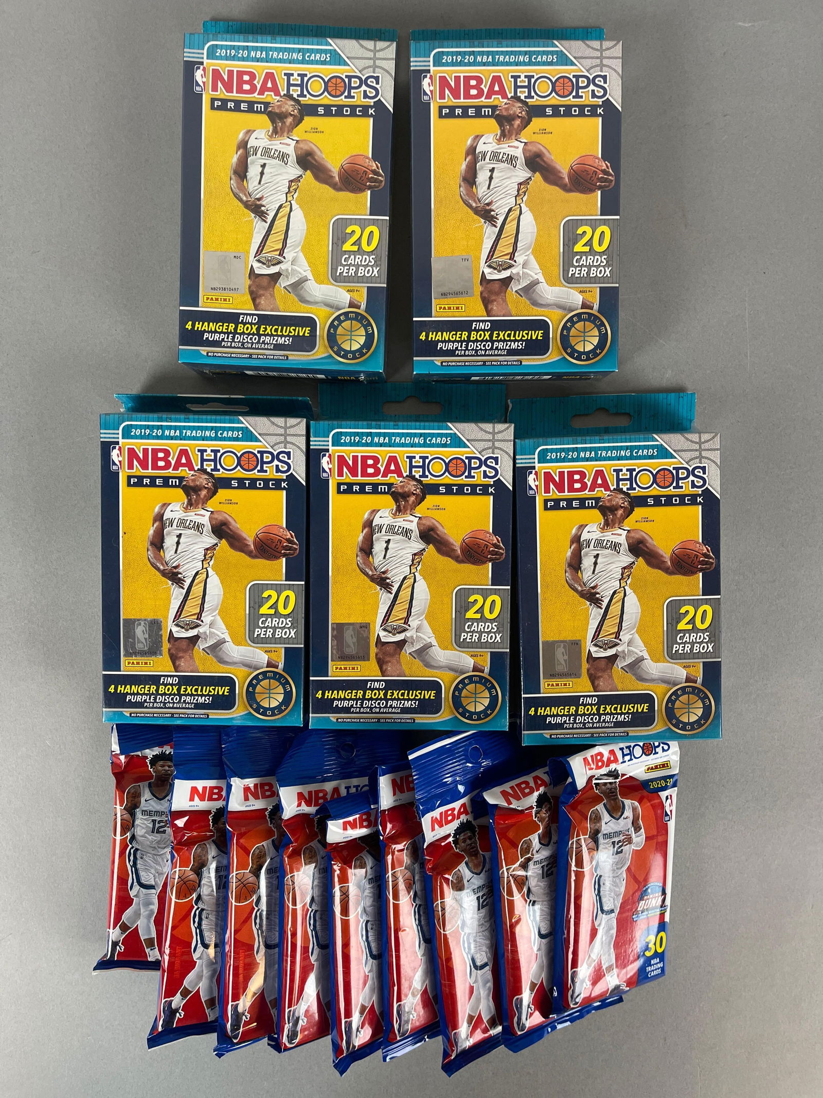 5 - 2019 - 20 NBA Hoops Premium Stock Hanger Boxes + 9 - 2020 - 21 Hoops Value Packs (1 of 3)