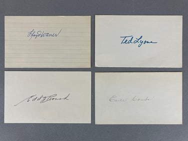Lloyd Warner, Earle Combs, Edd Roush, and Ted Lyons Signed Index Cards with JSA COAs