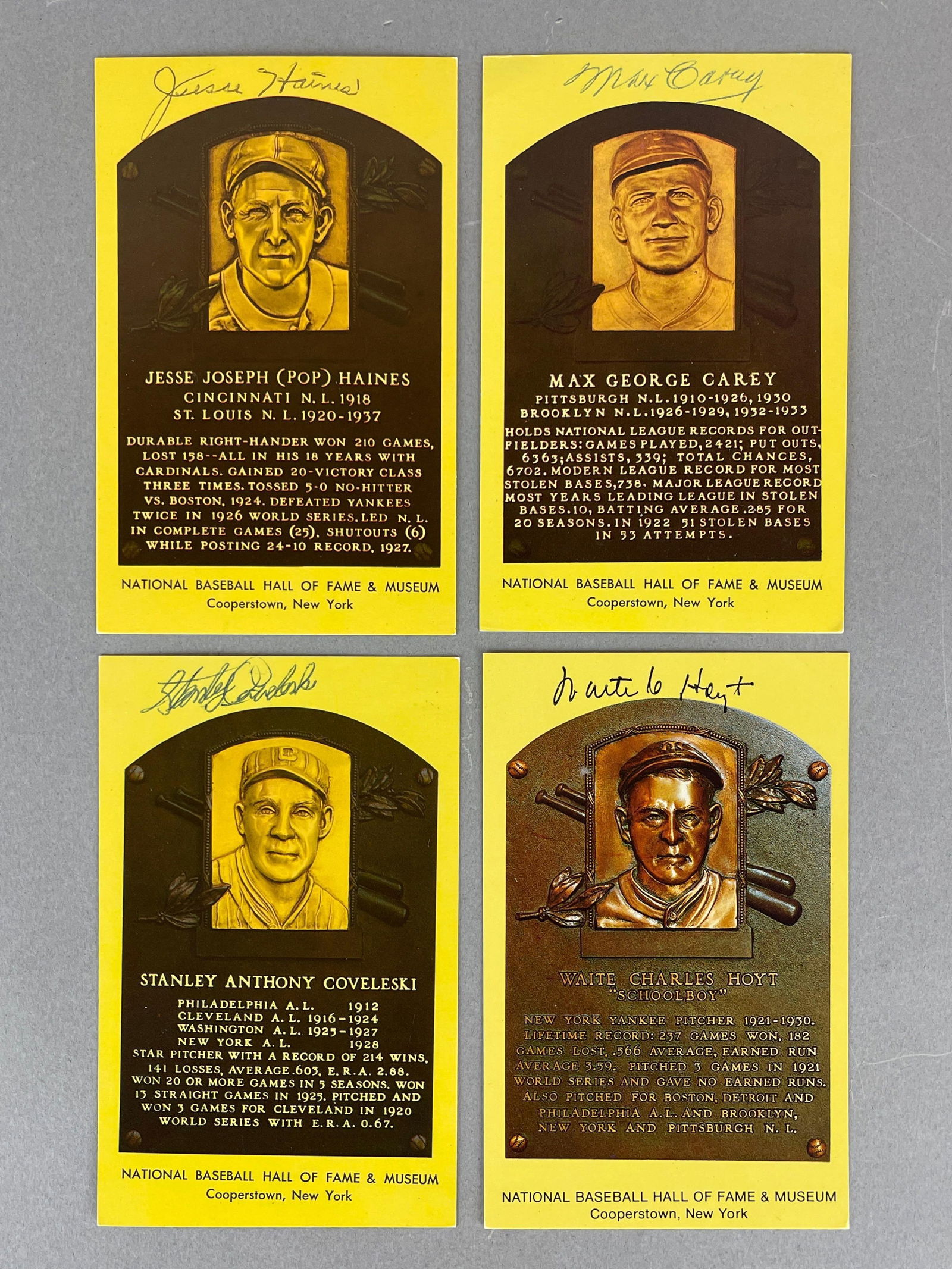 Jessie Haines, Max Carey, Waite Hoyt, and Stanley Coveleski Signed Yellow HOF Plaque Postcard (1 of 3)