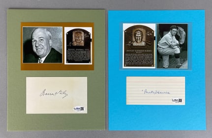 Bucky Harris and Warren Giles Collage Signed Index Cards with JSA COA