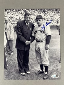 Yogi Berra Signed Black and White 8 x 10 Photo Meeting Babe Ruth, with JSA COA