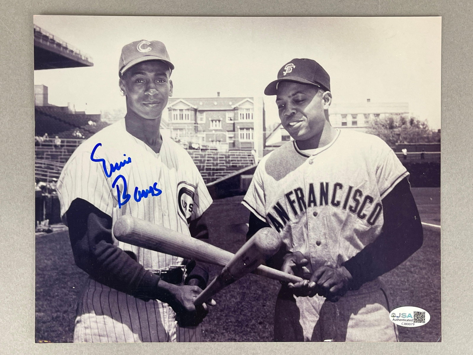Ernie Banks Signed Black and White 8 x 10 Photo with Willie Mays, with JSA COA (1 of 4)