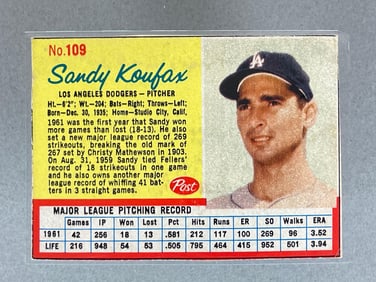Rare 1962 Post Blue Line Stat Sandy Koufax #109
