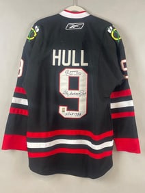 Bobby Hull Signed Reebok Chicago Blackhawks Jersey with Inscriptions and Bobby Hull COA