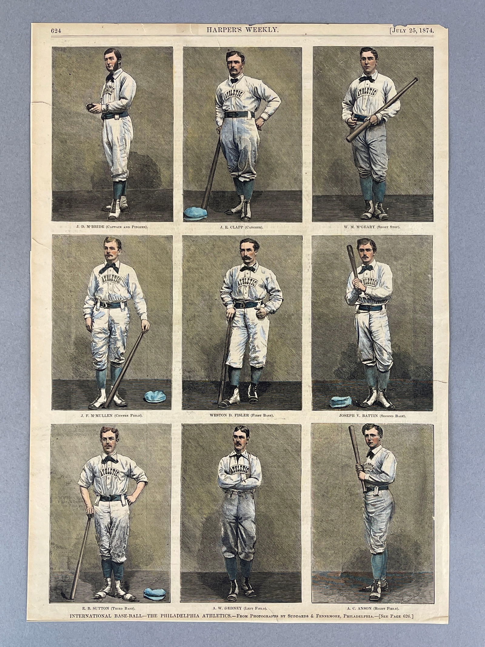 1874 Harpers Weekly Philadelphia Athletics Team with Adrian Cap Anson: Original July 25, 1874 Harpers Weekly Featuring The Philadelphia Athletics and Adrian Cap Anson, Measures 10 1/4 x 14 3/4 Inches