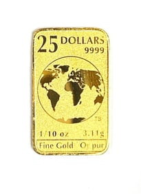 2019 Canada $25 Atlas 1/10 oz .999 Fine Gold Ingot/ Bar