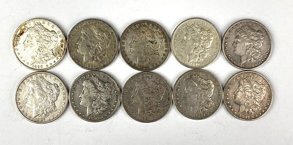 Group of 10 US Morgan Silver Dollars