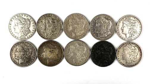 Group of 10 US Morgan Silver Dollars