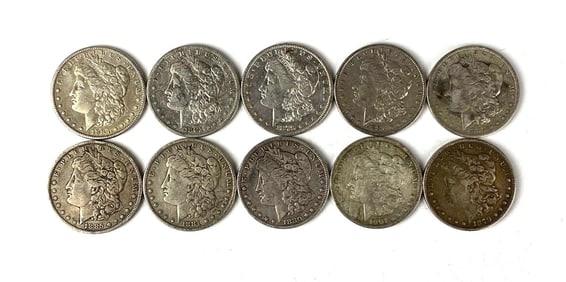 Group of 10 US Morgan Silver Dollars