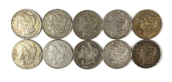 Group of 10 US Morgan Silver Dollars