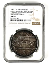 NGC Graded 1902 CA HK-296 So-Called Dollar  $1 Wells Fargo and Company Silver Medal MS 63