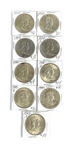 Group of 9 Silver Franklin Half Dollars