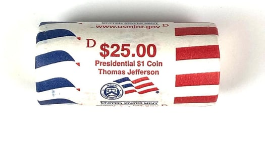 $25 Roll of US Presidential $1 Thomas Jefferson Coins