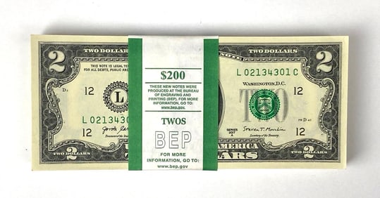 Group of 100 2017 US Mint $2 Consecutive Serial Numbered Bills