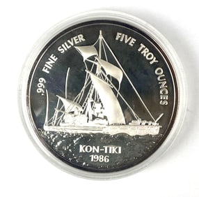 1986 Samoa $25 Kon-Tiki 5 oz .999 Fine Silver Coin