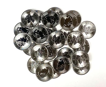 Complete Roll of 25 2022 Canada $5 Maple Leaf with Maple Leaf Leaf Privy 1 oz .999 Silver Coins