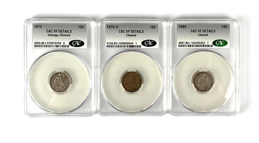 Group of 3 Seated Liberty Silver Dimes CAC Graded VF Details