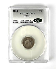 1868 Seated Liberty Silver Dime CAC Graded XF Details