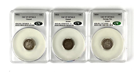 Group of 3 Seated Liberty Silver Dime CAC Graded VF Details