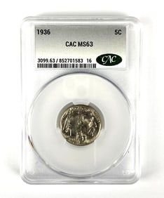 1936 US Buffalo Nickel CAC Graded MS63