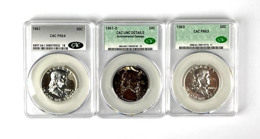 Group of 3 Benjamin Franklin Silver Half Dollars CAC Graded