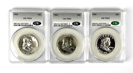 Group of 3 Benjamin Franklin Silver Half Dollars CAC Graded