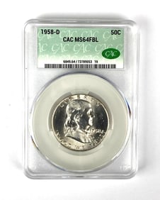 1958 D Benjamin Franklin Silver Half Dollar CAC Graded MS64FBL