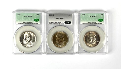 Group of 3 Benjamin Franklin Silver Half Dollar CAC Graded