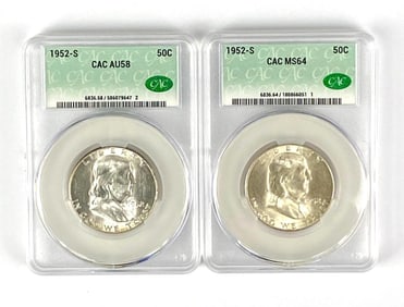 Group of 2 1952 S Benjamin Franklin Silver Half Dollars CAC Graded
